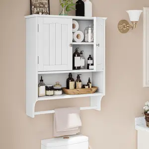 Bathroom Cabinet, White Bathroom Wall Cabinet with 2 Doors and Adjustable Shelf, Wall Mount, Towel Rack, Over The Toilet Storage Cabinet,  Cabinet