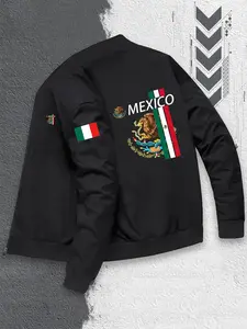 Men's Casual Pilot Jacket with Mexican Flag Print, Zipper Baseball Collar, Polyester/elastic Blend, Loose Fit, Winter Wear