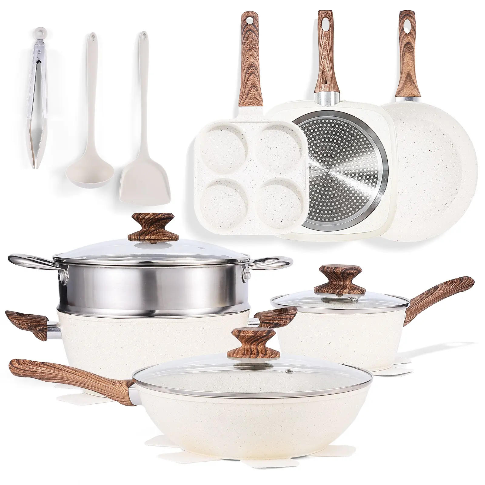 17-Piece Nonstick Cookware Set with Elegant Wooden Handles - Frying Pan, Stew Pot, Steamer, Easy to Clean, Hand-Wash Recommended, Healthier Cooking, Induction Cooktop Compatible, Oven Safe, High Temperature Resistant, Aluminum, Everyday Cooking