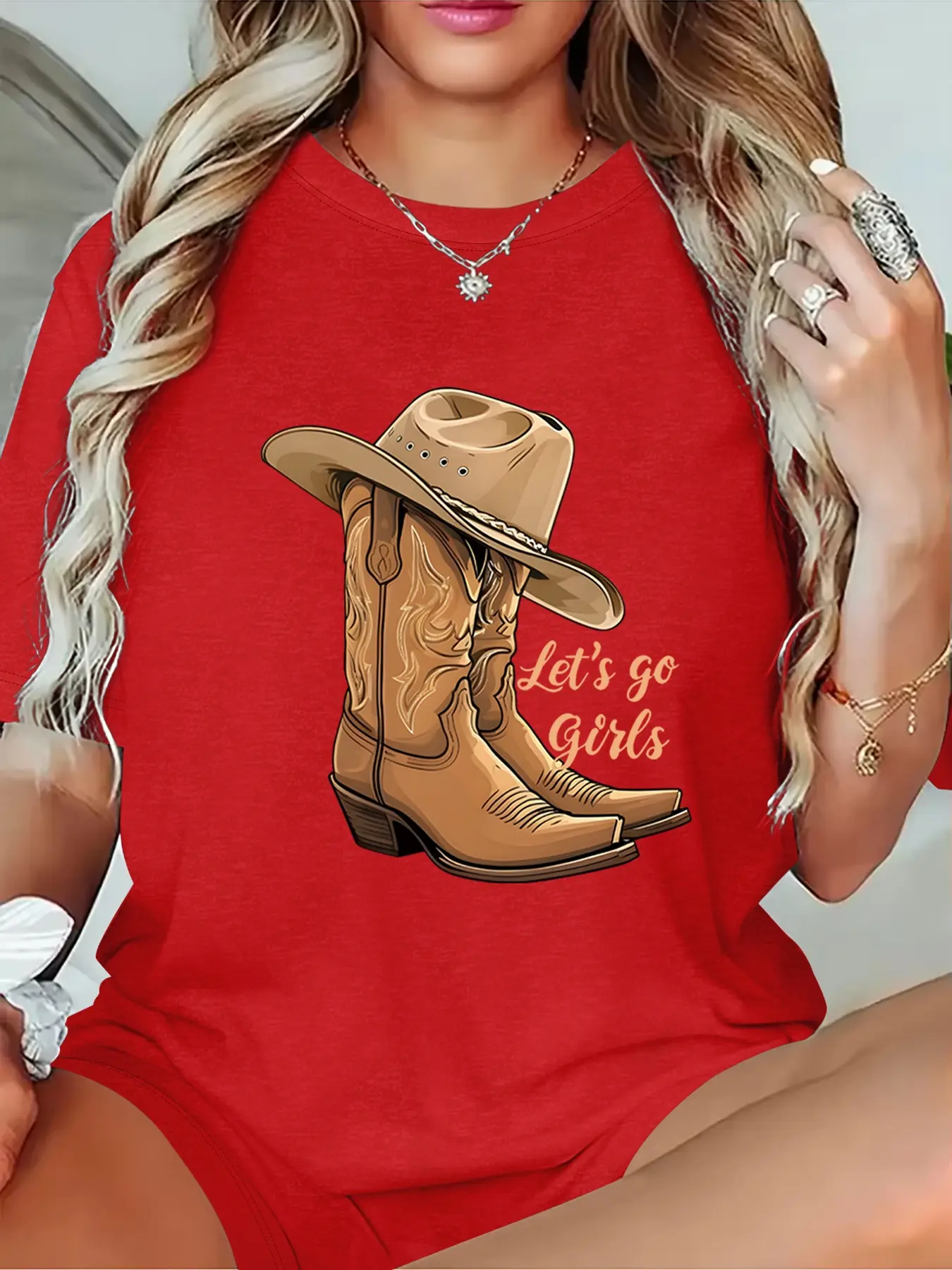 Plus size loose Oversized women's western denim round neck T-shirt, casual loose short sleeved top, comfortable to wear all year round, women's fashionable clothing