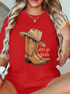 Plus size loose women's western denim round neck T-shirt, casual loose short sleeved top, comfortable to wear all year round, women's fashionable clothing