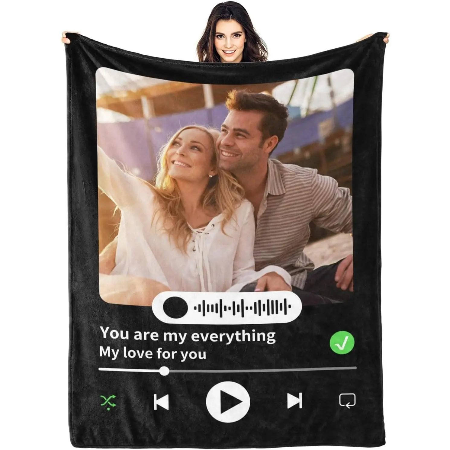 Personalized Spotify Code Music Blanket, Valentines Day Gifts for Him Her, Custom Love Blanket with Picture Text for Couple Boyfriend Girlfriend Wife Husband