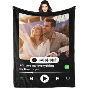 Personalized Spotify Code Music Blanket, Valentines Day Gifts for Him Her, Custom Love Blanket with Picture Text for Couple Boyfriend Girlfriend Wife Husband