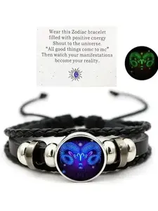 Serelune Jewelry B Zodiac Signs Spirit Bracelet - Adjustable 12 Constellation Black Leather Wrap Bracelet for Women Men with Positive Energy Glow-in-the-Dark Design