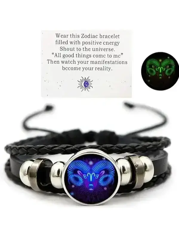 Serelune Jewelry B Zodiac Signs Spirit Bracelet - Adjustable 12 Constellation Black Leather Wrap Bracelet for Women Men with Positive Energy Glow-in-the-Dark Design