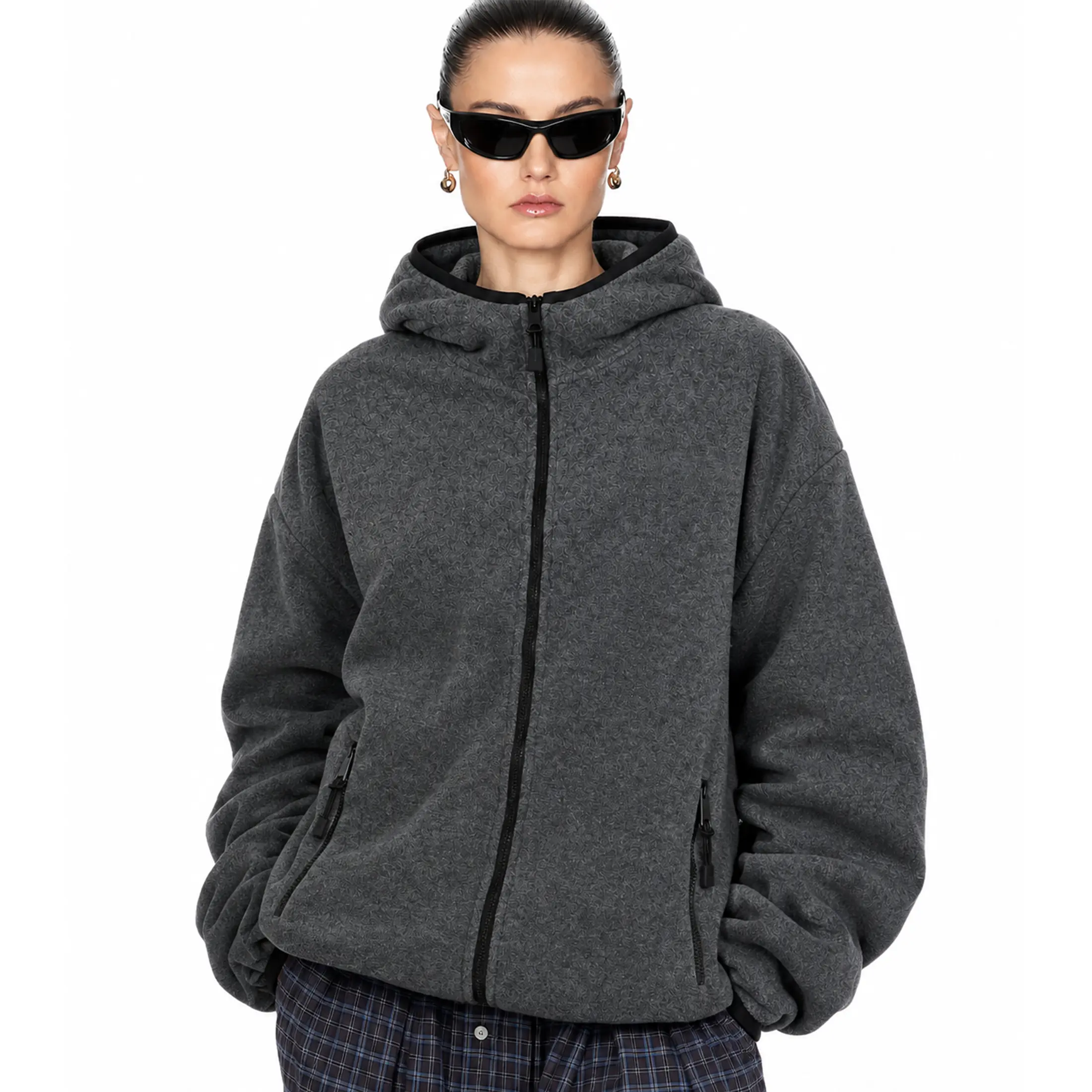Buenoble Women Full Zip Up Hooded Fleece Jacket, Wool Blend Oversized Drawstring Hem Casual Grey Coat With Zipper Pockets