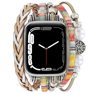 Boho Leather Bracelet Compatible For Apple Watch Bands for Women Multilayer Wrap Watch Strap Adjustable Metal Clasp Wrap Strap
