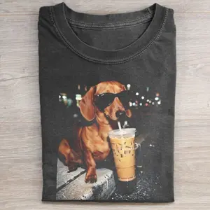 Comfort Colors Funny Dachshund Drinking Iced Coffee T-shirt, Vintage 90s Edgy Dog Meme Tee, Unisex Fit Design, Casual Streetwear, Gift for Dog Lovers