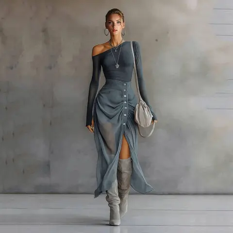 LikeMyChoice Off Shoulder Mesh Long Sleeve Top High Waist Split Maxi Skirt Set Elegant 2 Piece Outfit Women Streetwear Matching Set