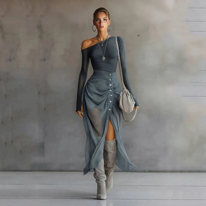 LikeMyChoice Off Shoulder Mesh Long Sleeve Top High Waist Split Maxi Skirt Set Elegant 2 Piece Outfit Women Streetwear Matching Set