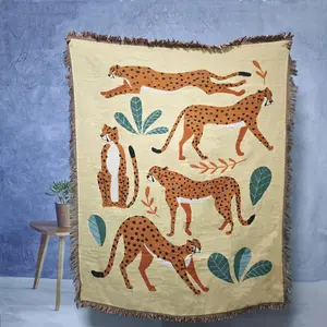 Cheetah Pattern Tassel Decor Throw Blanket, Boho Style Woven Blanket with Tassel, Soft Warm Napping Blanket for Home Sofa Bed Office