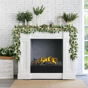 Eucalyptus Garland with Lights, 6FT Spring Garland Eucalyptus Leaves with Flower Berries Artificial Greenery Vine for Mantle Porch Wall Wedding Arch Backdrop Table Decoration