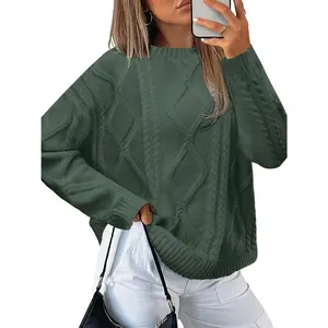 Women's Oversized Crewneck Cable Knit Sweaters Fall Fashion 2025