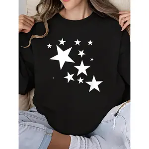Women's White Stars Print Crew Neck Long Sleeve Sweatshirt Cute Holiday Gift Soft Comfortable Star Pattern Design Top
