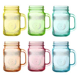 Mason Jar Drinking Glasses Set Of 6, 16oz Colored Mugs, Glass Mason Jar Mug With Handle,  For Smoothies, Cocktails, Beverages