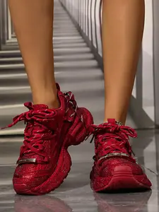 New Silver Color Rhinestone Chunky Sole Dad Shoes for Women, Casual PU Leather Sneakers, Perfect Fashion Choice, All Seasons