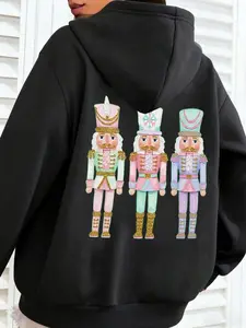 Women's Hooded Sweatshirt, Thickened Fleece Warm Fashion, Sweet Cool Street Style, Retro Youth Cartoon Print, Cute Nutcracker Design