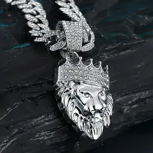 Hip Hop Diamond Lion Head Crown Pendant Cuban Chain Bold Streetwear Nightclub Necklace for Trendsetters
