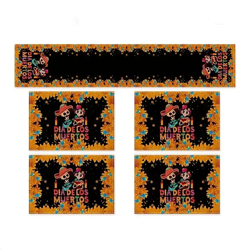 1 piece/4 piece/5 piece set, Mexican Day of the Dead table flag and placemat set, skull print with marigold, wide brimmed hat and Spanish text suitable for Day of the Dead party decoration, altar tablecloth