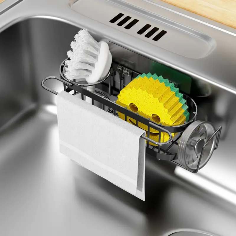 Kitchen Sink Caddy Sponge Holder in The Sink, Stainless Steel Kitchen Sink Organizer, Brush Holder, Dish Cloth Hanger, Sink Stopper Holder (Suction cup-Black)