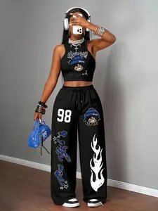 Women's Casual Two-Piece Set, Round Neck Fitted Tank Top + High Waist Straight Leg Pants, Trendy Street Style Print, Summer Sportswear, Tracksuit Sets
