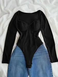 Women's Slim-Fit Ribbed Fashionable Comfortable Long Sleeve Jumpsuit, Autumn Winter Casual Wear, Stylish One-Piece Bodysuits