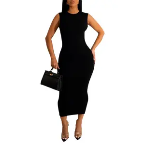Sexy Bodycon Ribbed Tank Dress for Women Sleeveless Casual Party Club Midi Dresses
