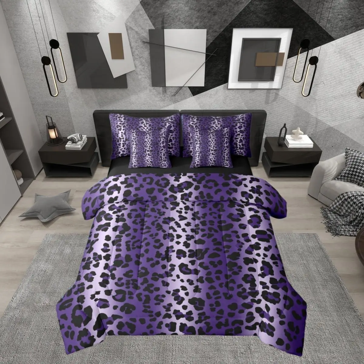 Feelyou Women's 7-Piece Microfibre Queen Size Comforter Set - Soft Purple Ombre Leopard Animal Print Graphic Boho Bedding, Breathable Fabric, Cheetah Gradient Design, Sheets-Included Bed-in-A-Bag for Adults, Machine Washable