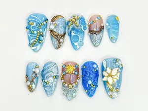 Ocean Themed Blue Press On Nails Handmade Pearl and Gold Accents Blue Nail Luxury Gold