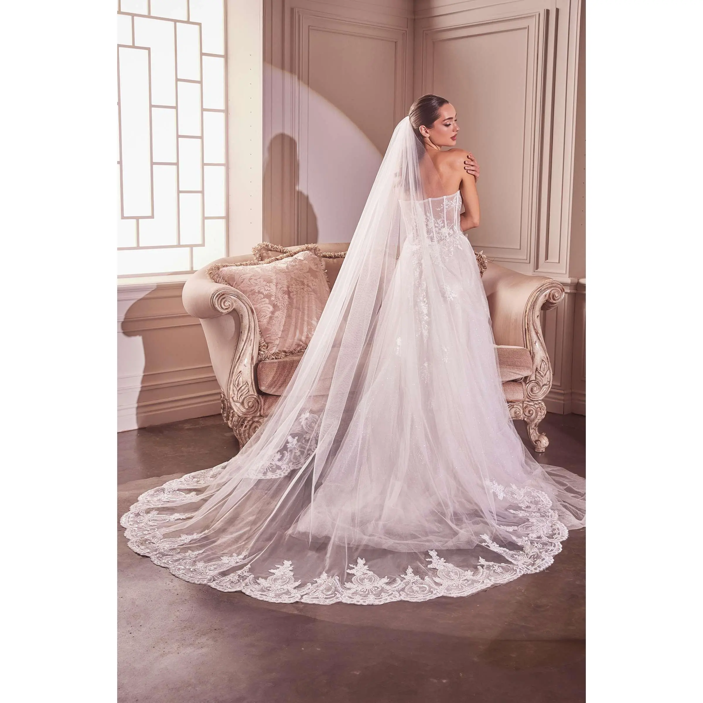 Women's 90-Inch Ivory Chapel Veil, Floor Length Tulle with Sequin-Accented Embroidered Lace for Weddings, Embellished Hem, Sequin Lace, Translucent Tulle, Embroidery Hem Lace