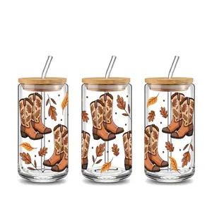 Trendy Autumn Cowboy Boot & Leaf Design 16oz Glass Can Cup with Lid and Straw, Tumbler, Reusable Glass Drinking Cup, Glass Jar for Iced Coffee, Cold Drinks, Autumn Western Style Glassware, Perfect Gift for Autumn Lovers