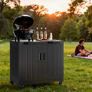 Stainless Steel Grill Table, Outdoor BBQ Cart with Storage Cabinet, Heavy Duty Rolling Prep Table for Grilling Accessories, Portable Work Table for Kitchen, Patio, Lawn & Garden
