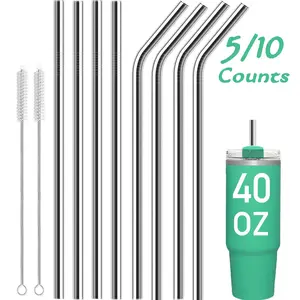 Stainless Steel Straw & Cleaning Brush Set, 5/10pcs/set  Reusable Durable Extra Long Metal Straw & Brush Set, Bar Utensils for Home Kitchen Party