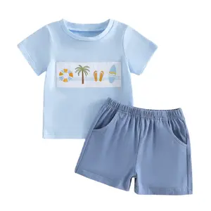 Toddler Baby Boy 2-Piece Summer Outfits, Short-Sleeve Tops with Coconut Tree (Plants) & Surfboard Embroidery, Shorts, Beach Vacation Clothes for 6M, 12M, 2T, 3T, Elastic Waistband