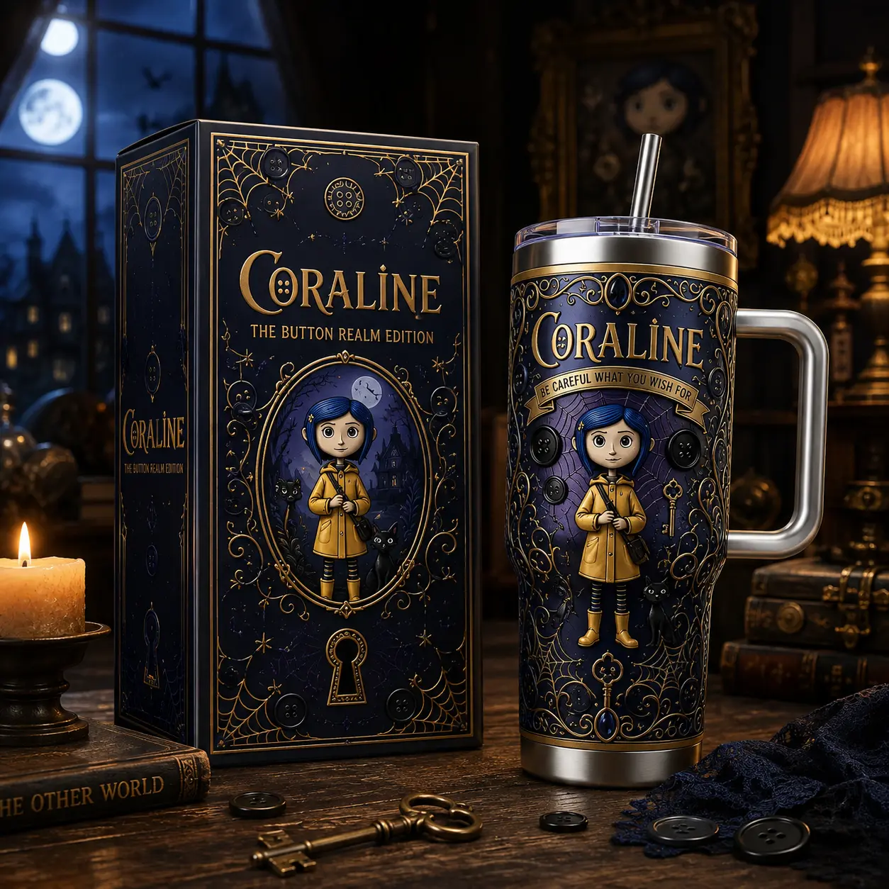 [Sipora Store] Coraline 40oz Tumbler, High-Quality Insulated Cup With Handle, Dark Fantasy Animated Movie Inspired Tumbler, Blue-Haired Heroine Spooky Adventure Fan Gift, Leakproof Travel Mug