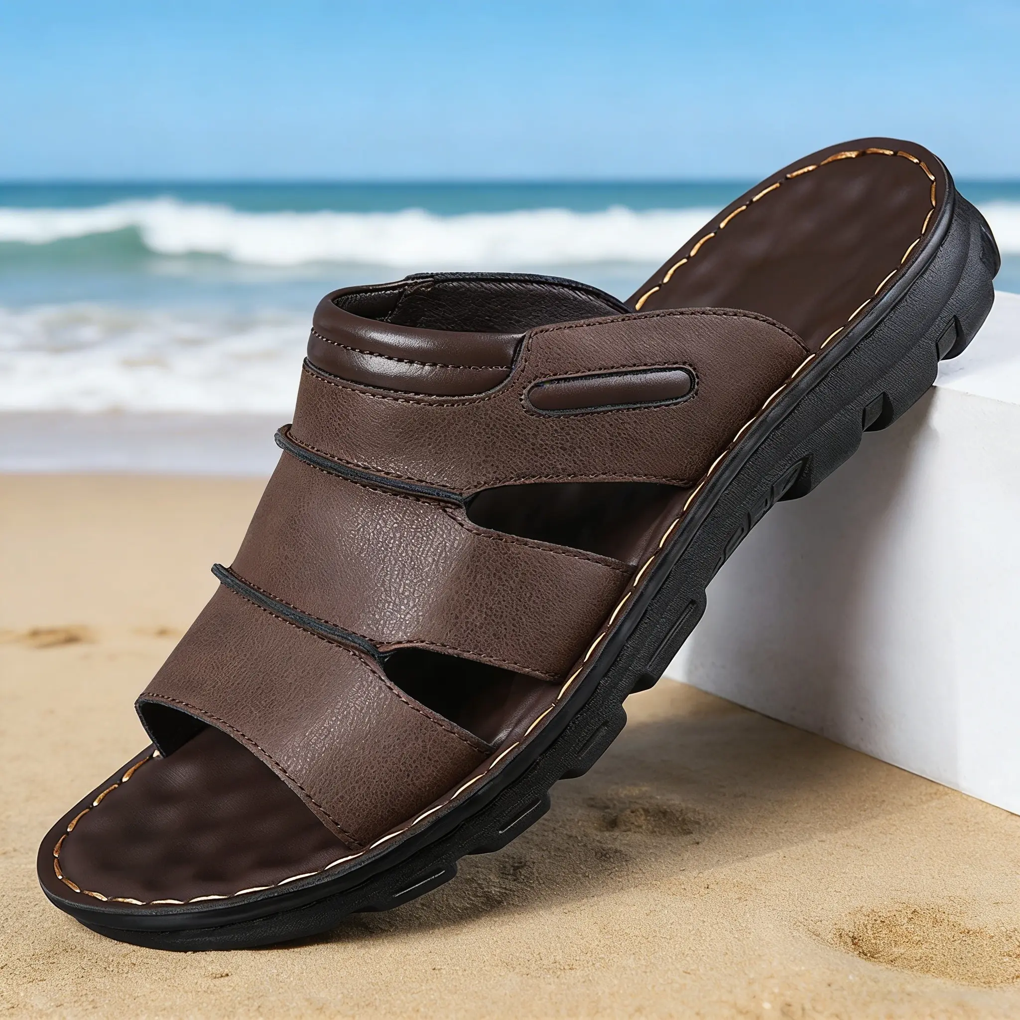 Men's PU Leather Non-Slip Summer Slide Sandals - Adjustable Heel Strap, Cushioned Footbed, Comfortable Heels - Beach, Outdoor Walking Casual Shoe, Walking Shoes, Soft, Wedge, Casual Wear, Ankle, Easy To Clean, Rubber Sole, Cushioned Bed, Adjustable Strap,