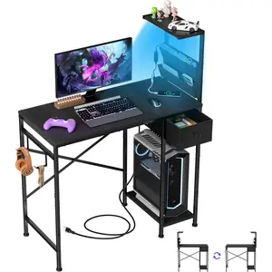33.7 Inch Small Gaming Desk Table with LED Lights & Power Outlets, Compact L Shaped Gaming  Desk with CPU Stand, Drawer & Storage, Corner PC Desk for ,  Office , Bedroom, Black