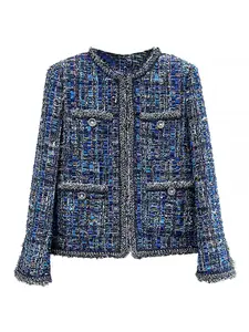 Women's Elegant Fitted Woven Coat, Round Neck Design, Spring & Fall Fashion Outerwear, High-End Casual Style Jacket