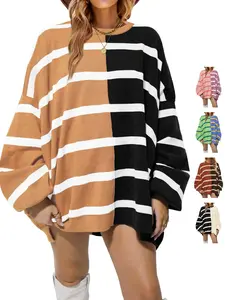 Renaishow Women's Striped Pullover Sweater Crew Neck Long Sleeve Knitted Color Block Casual Loose Lightweight Sweaters for Women Outfits Style