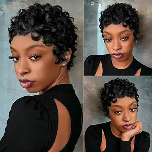 Short Wigs Pixie Cut Wigs with Bangs Short Black Layered Wavy Wigs for Women Pixie Wig Brazilian Virgin Short Layered Glueless Bob Wig Human Hair 1B color