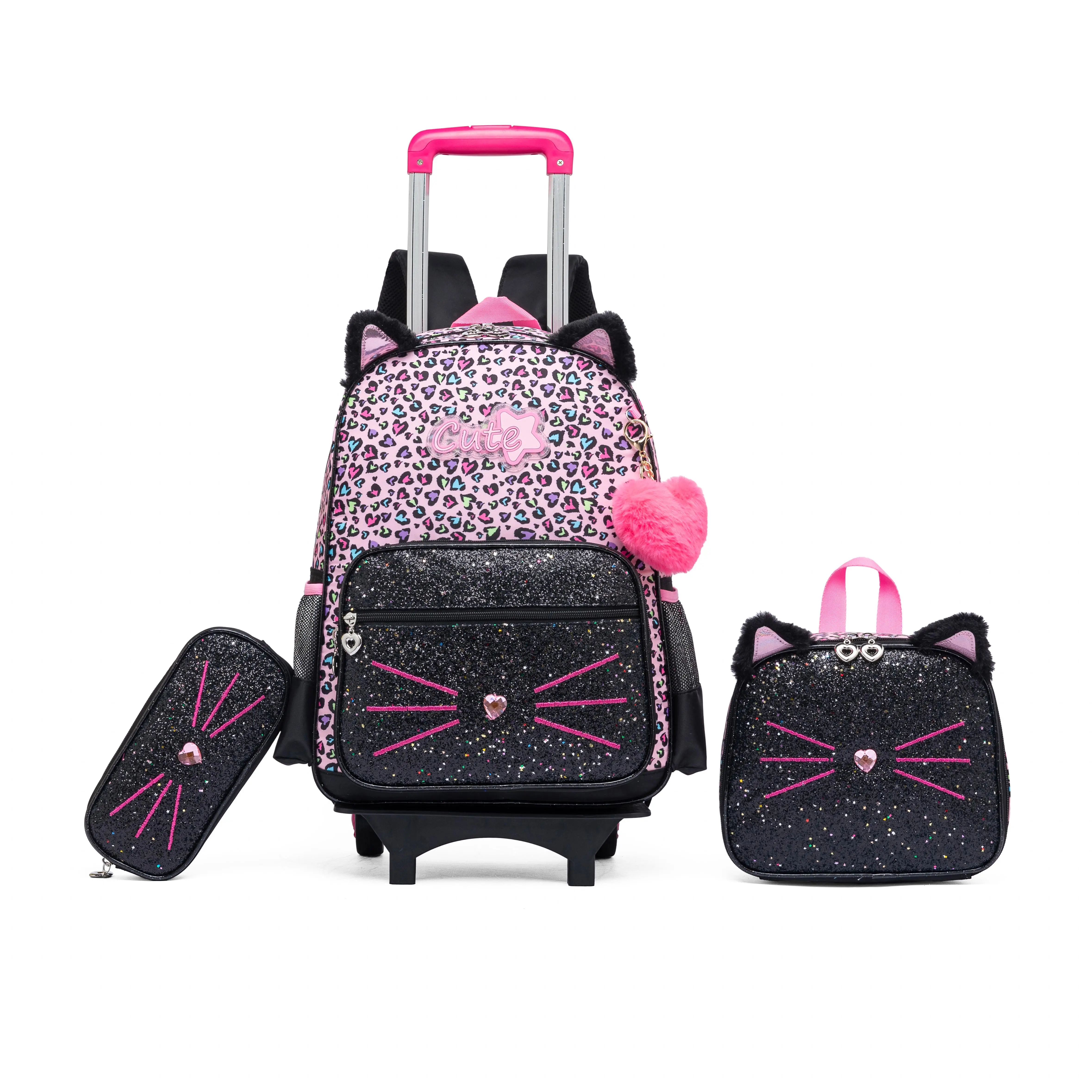 Cute Glitter Cat Rolling Backpack Set for Girls | 3-in-1 Backpack + Lunch Bag + Pencil Pouch | Leopard Print Design | Back to School Essentials aesthetic bookbag kid clear