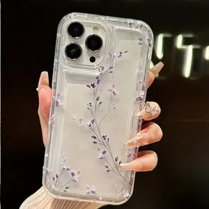 Clear Purple Floral Shockproof Phone Case for iPhone 16/15/14/13/12/11 Pro Max/Plus/Pro Flower Protective Cover Durable