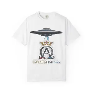 Alpha Omega T shirt, spaceship, Unisex Garment-Dyed T-shirt, Medieval Tee, Renaissance Shirt, Historical Apparel Gift, Retro Graphic Top
