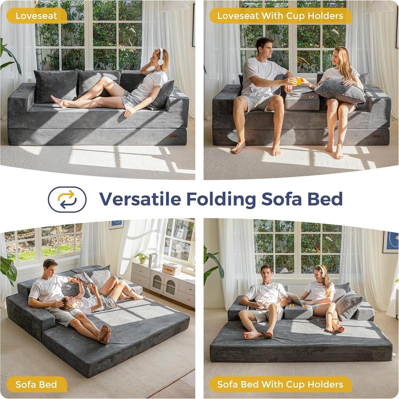 MAXYOYO Sofa Bed, 4 in 1 Foldable Floor Sofa Couch in A Box with 2 Cup Holders, Convertible 3 Seater Boneless Couch Folding Recliner Sleeper Chair for Living Room, No Assembly Required