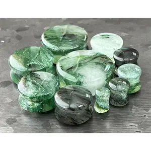 PAIR of Unique Mossy Forest Green Style Glass Double Flare Glass Plugs - Gauge 2g (6mm) thru 1&1/8" (28mm)