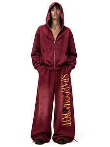 FDR Distressed Washed Wide Leg Sweatpants, Adjustable Drawstring Cuff Baggy Pants with Letter Print,Faded Washed Effect  Distressed Cut-Out Details