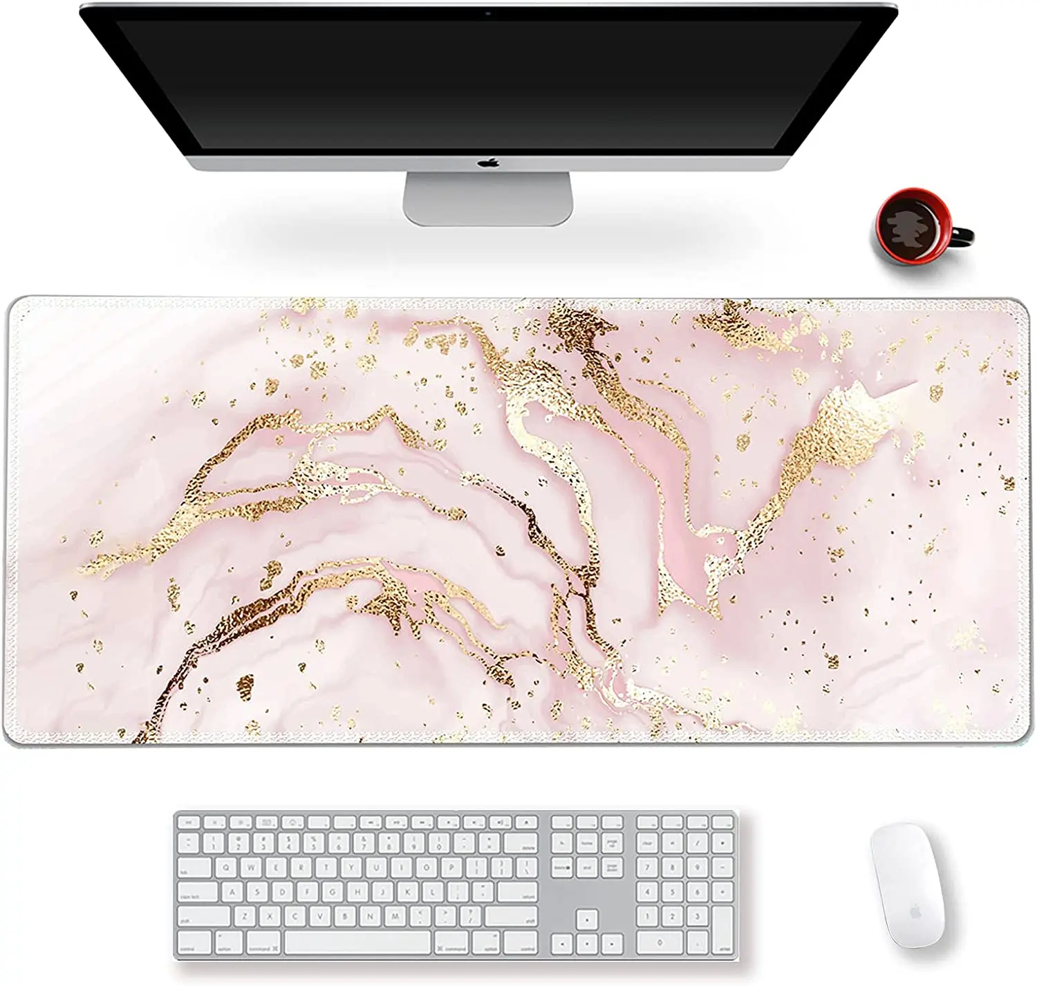 Extended Gaming Mouse Pad XXL Artso Large Keyboard Mat Long Mousepad Desk Decor Writing Pad Non Slip Rubber Base Stitched Edges for Work, Game, Office, Home, 35.1" X 15.7", Pink Marble ARTSO
