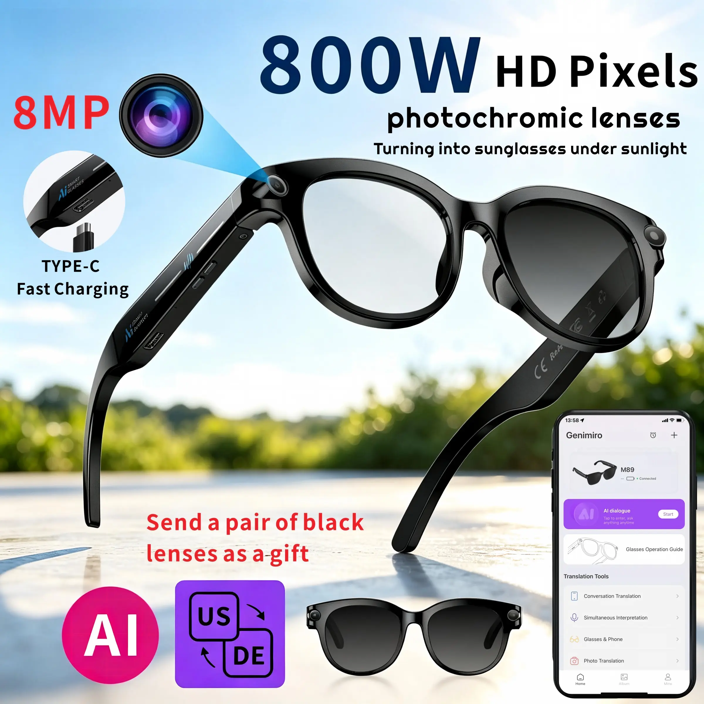 Wearable Smart Camera Sunglasses with 8MP Video Recording, 8-Megapixel HD Capture, Audio Function, Photochromic Lenses, Real-Time Translation, Voice Assistant, Object Recognition, Hands-Free Music/Calling, Wireless 5.4