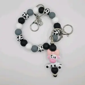 3d Cow with Pink Bow - Wristlet with Keychain - Not Stretchy