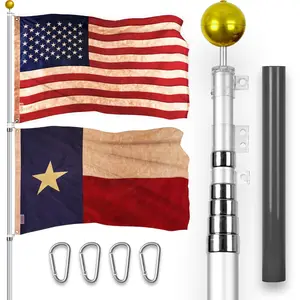 G128 Combo Pack: 20 Ft Telescoping Aluminum Flagpole (Silver) & American and Texas Tea Stained Flags 3x5 Ft, Both ToughWeave Series Embroidered Polyester | Pole with Flags Included